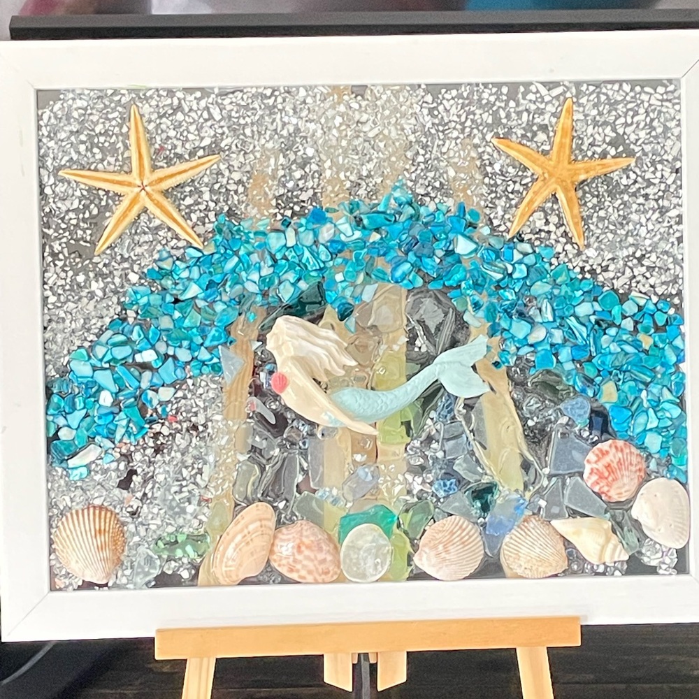 Mermaid Mosaic Art with Blue and Gold Accents